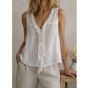 Vintage 1990s Cotelac White Gauze Ruffle Tank French Archive Blouse FR 40 US 8